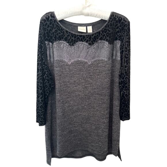 CHICO’S | Black Leopard Jacquard Knit Tunic Top | Size 2 Large - Picture 1 of 7